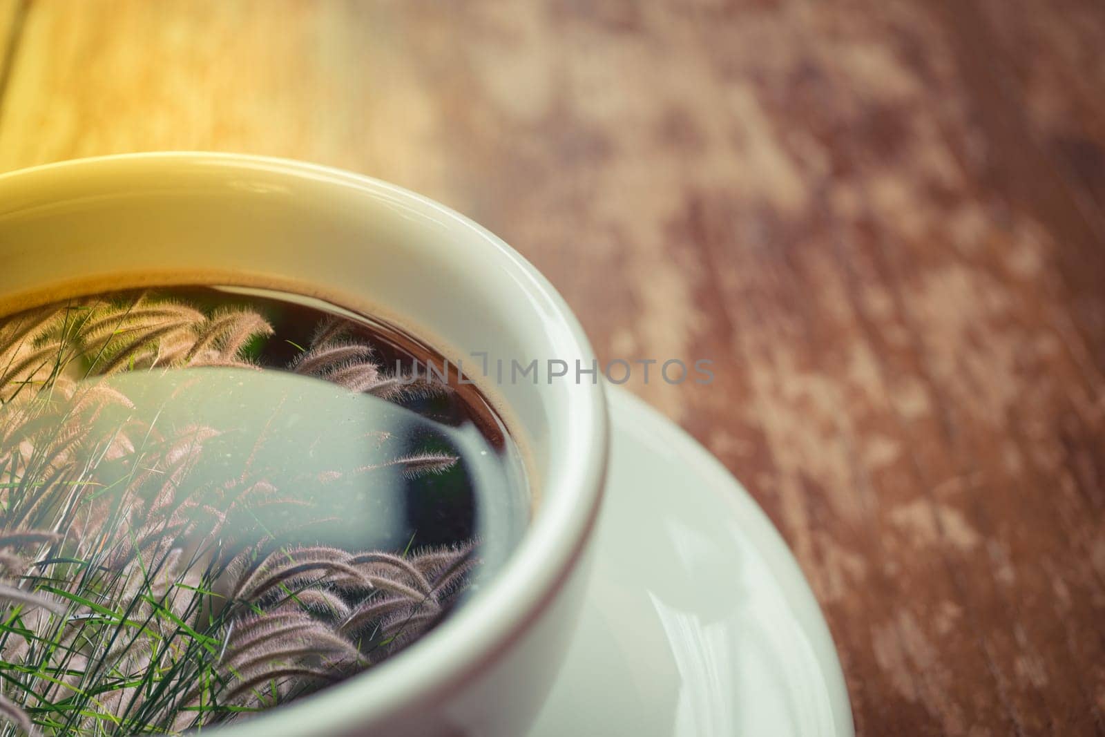 Grass flower (poaceae) reflection on Coffee in white cup on wood table , process in soft orange sun light style