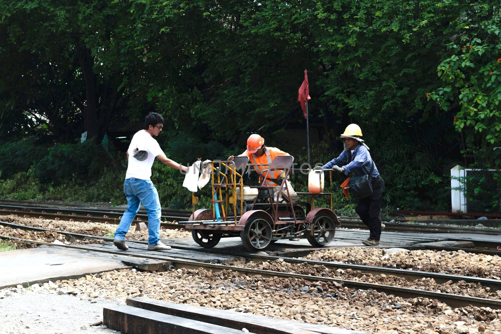 Bangkok, Thailand - September 5, 2015 : Unidentified railway employees working for checking of railway tracks at State Railway of Thailand.