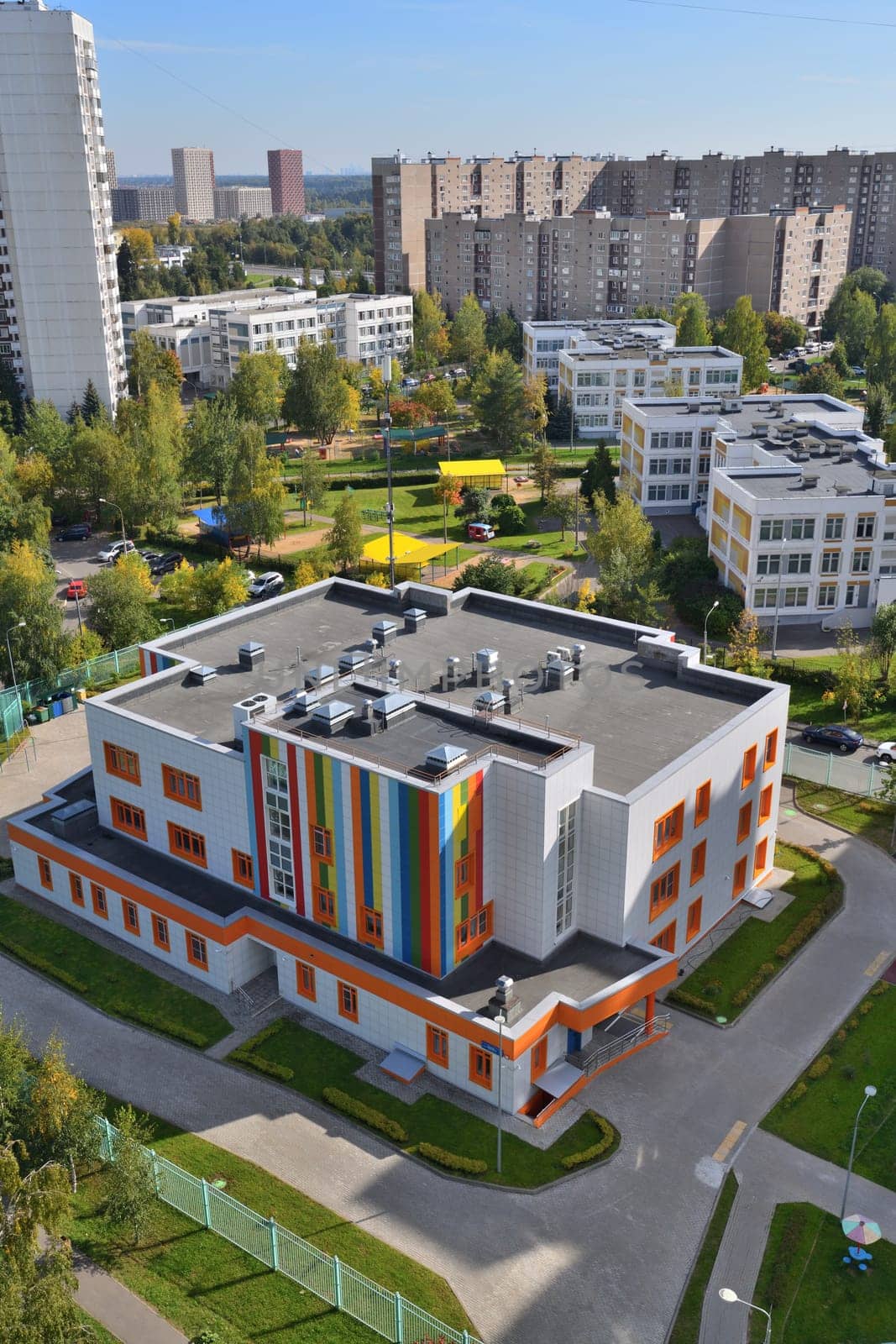Moscow, Russia - Sept 17. 2023. General view of Zelenograd administrative district with a school and kindergarten