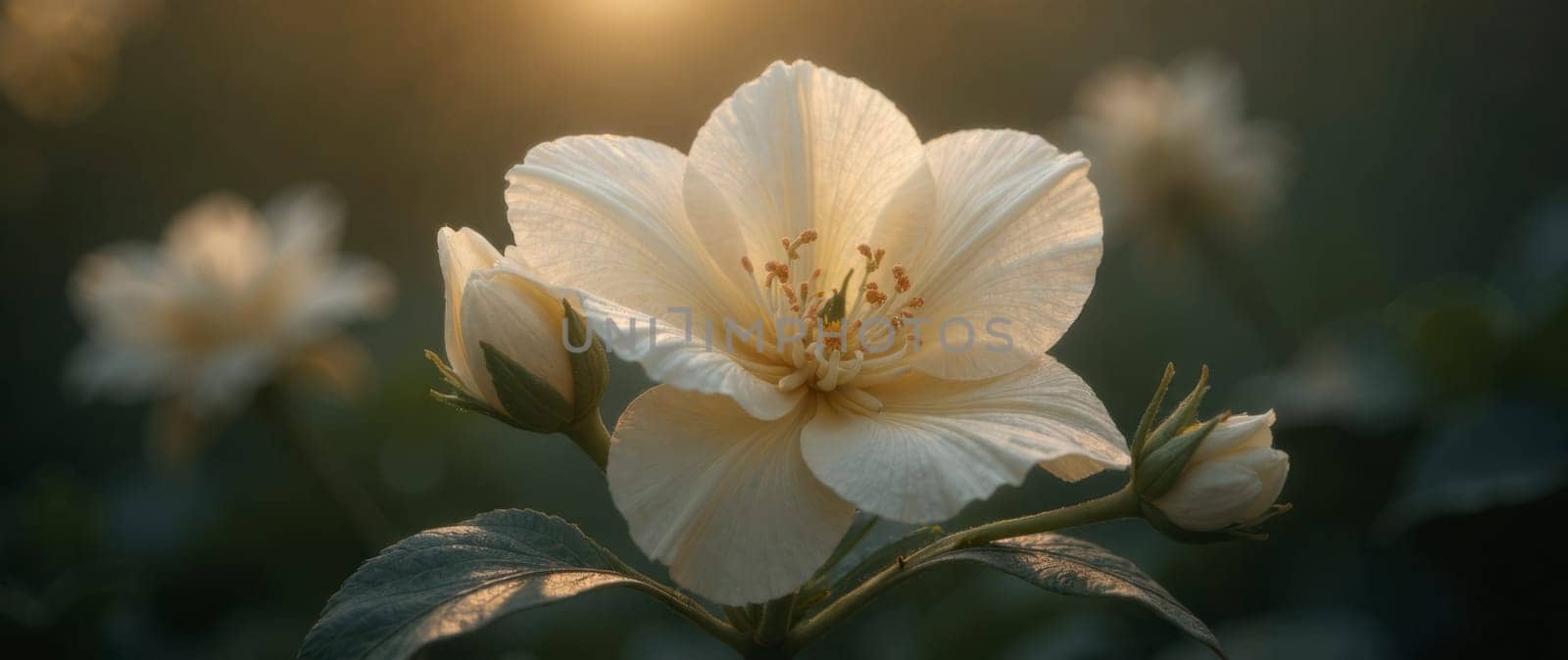 A close up of a white flower with a green stem. The flower is surrounded by green leaves and is the main focus of the image