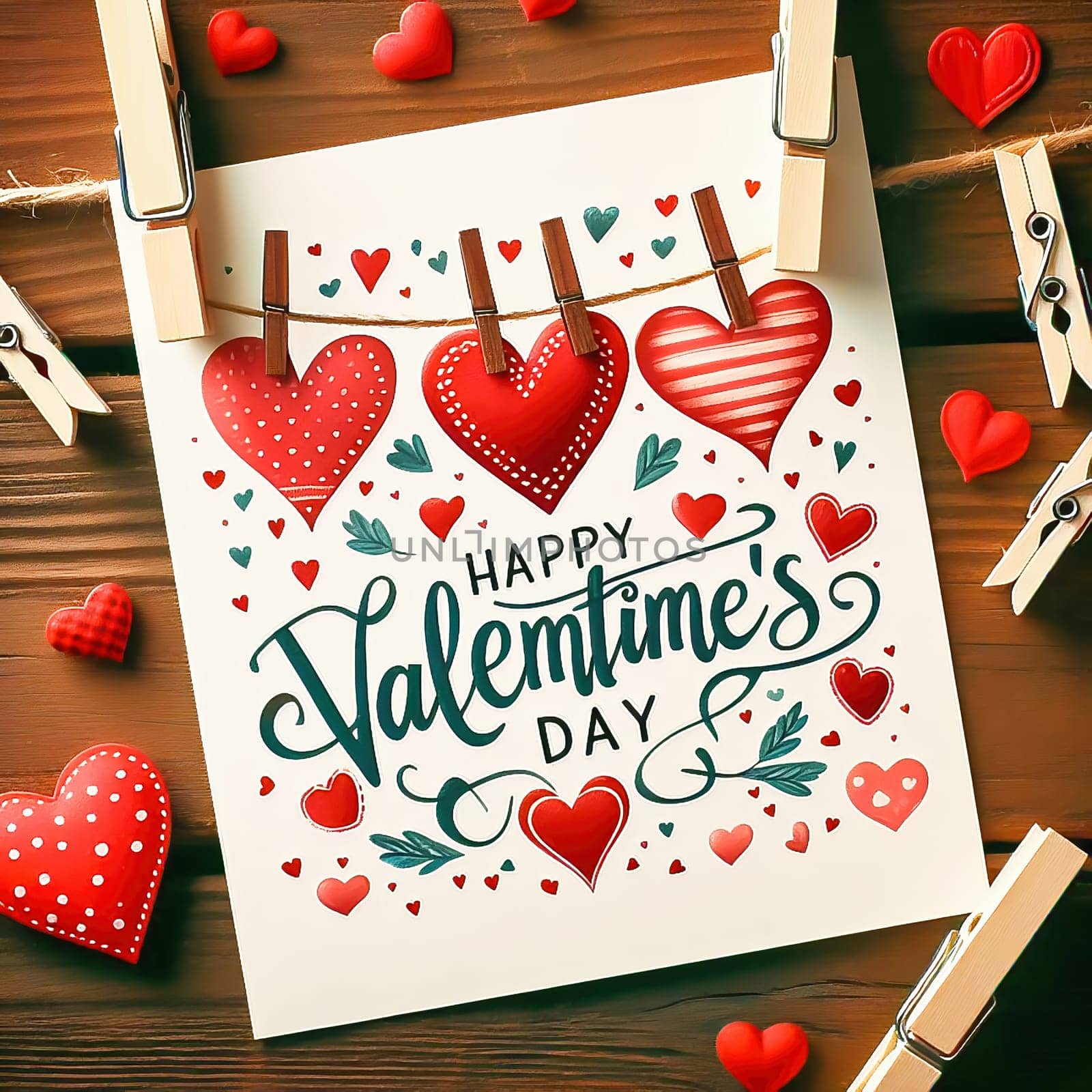 Romantic Valentine's Day card with hearts and text. Card hangs on a string with wooden clips. Decorative elements on a red background. Perfect for love messages and celebratory occasions.