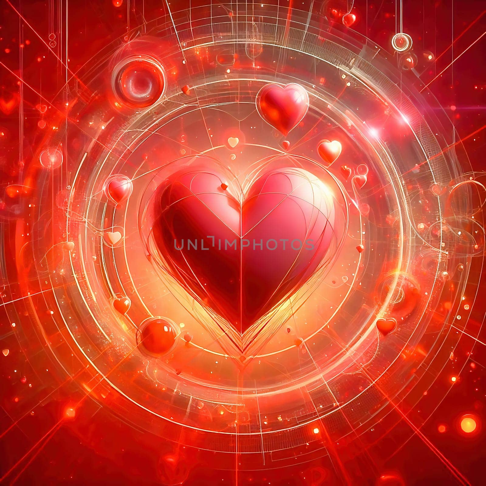 A digital artwork with red hearts, futuristic lines and glowing effects - perfect for Valentine's Day, love, romance and modern designs