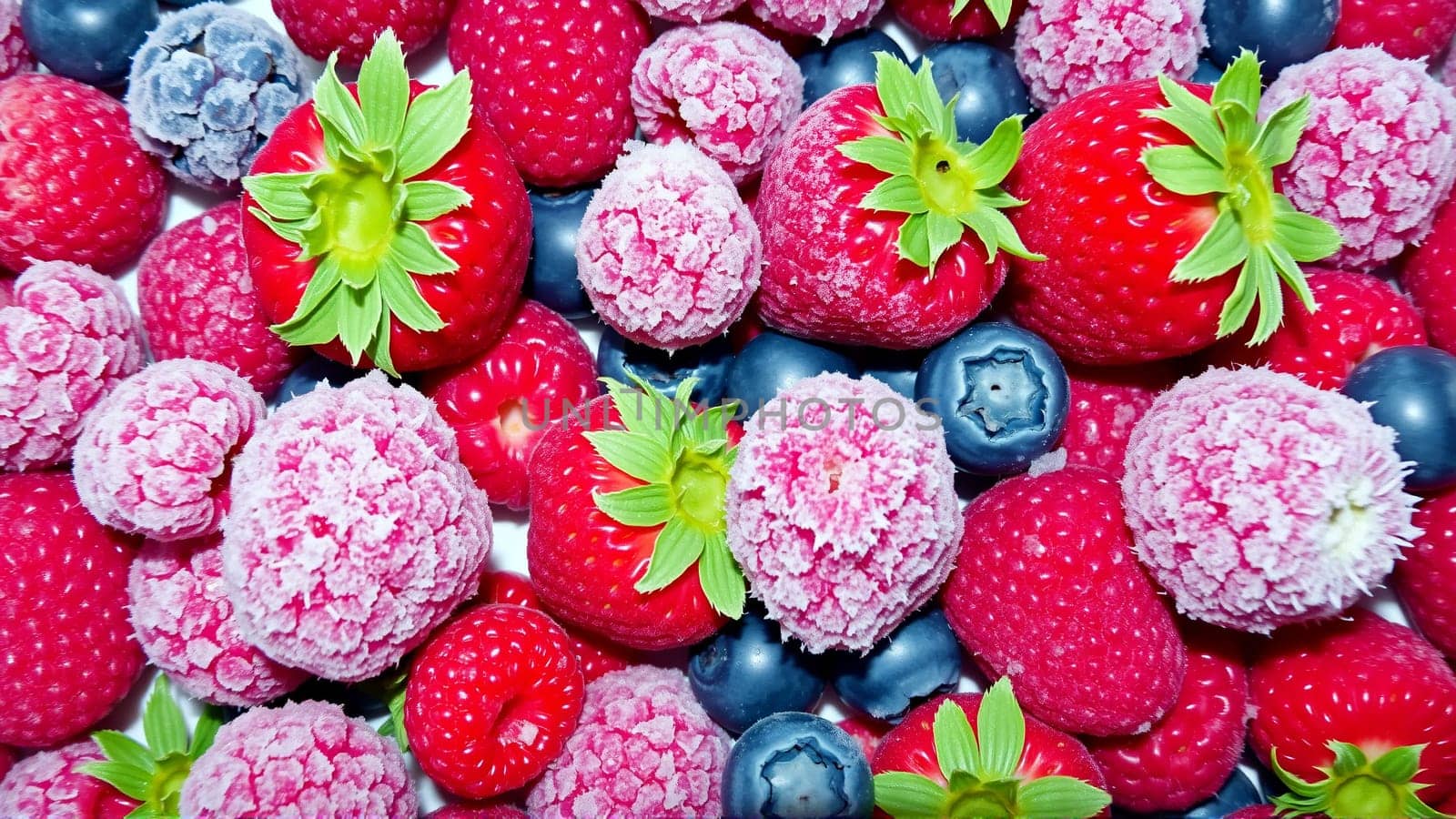 Storing berries in winter. Frozen strawberries, raspberries, blueberries. High quality photo