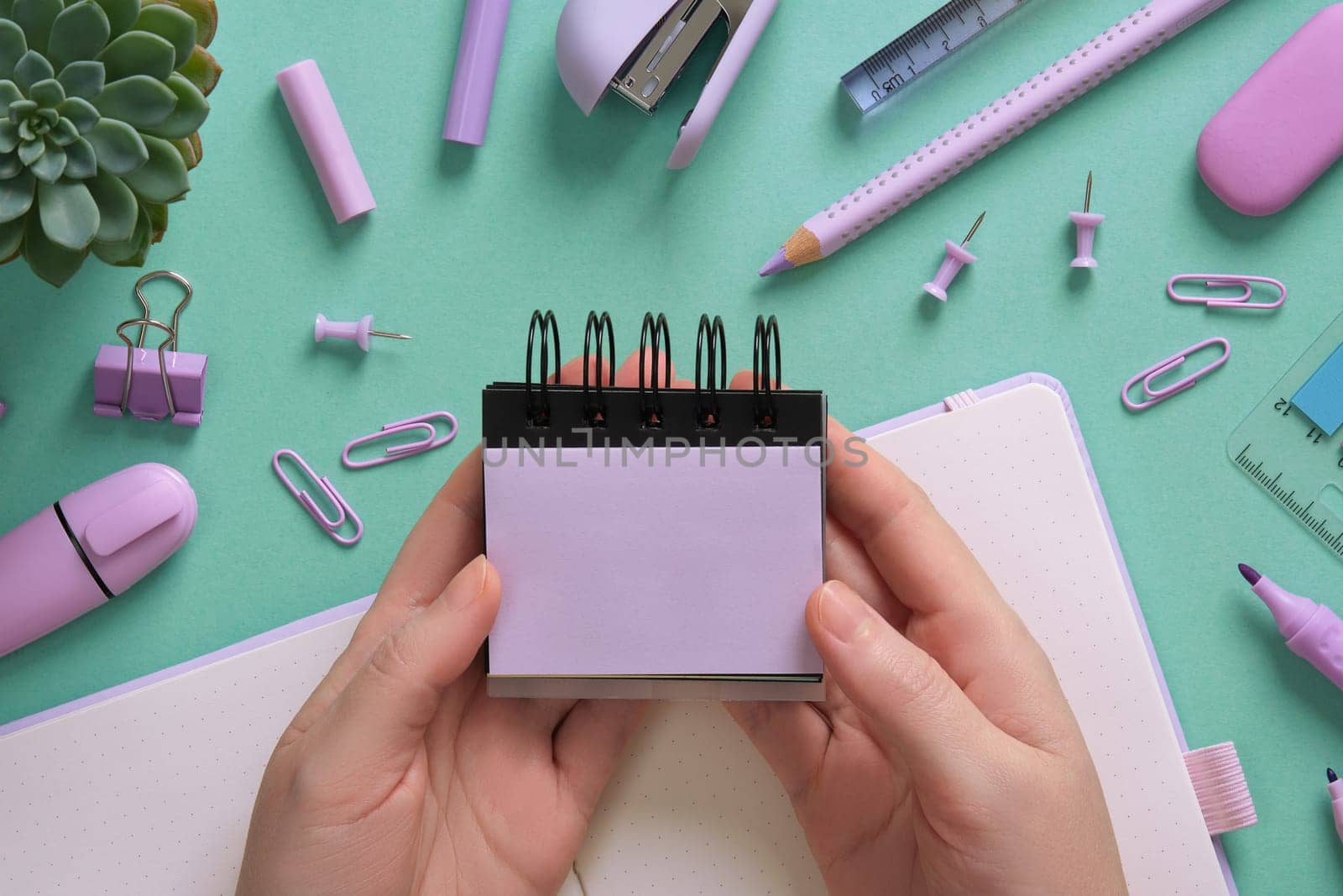 Women's hands hold empty purple stickers. Stationery background, pastel colors. A place for your text.