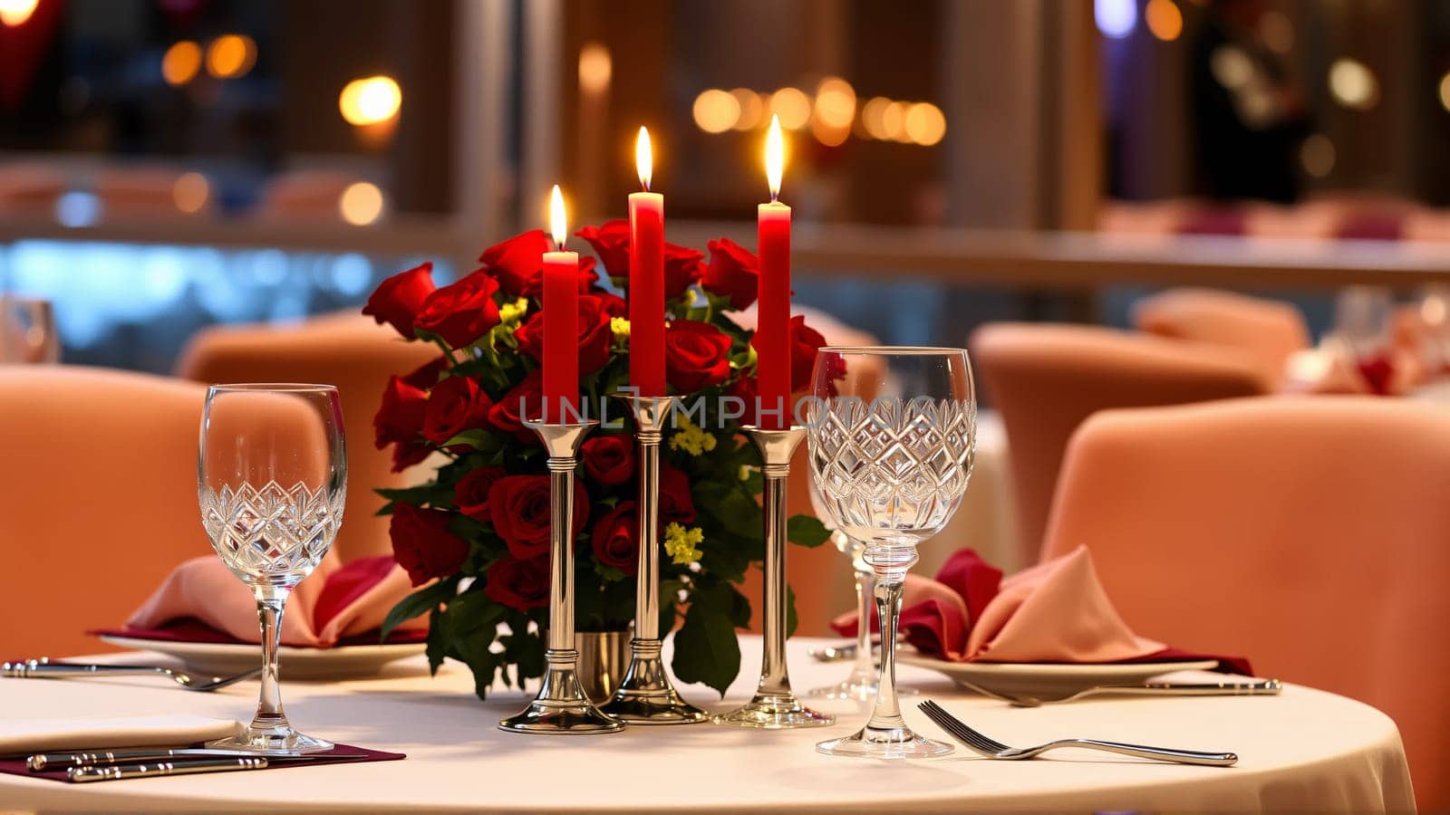 A table in the restaurant is served for the holiday. Candles are burning on the table. High quality photo