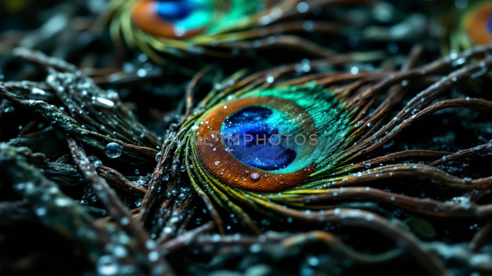 A close up of a peacock's eye, with its iris shining brightly in the light. The iris is surrounded by a beautiful blue and green feather, which adds to the overall sense of elegance and grace