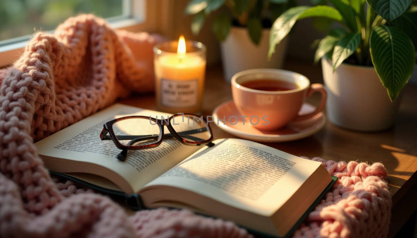 A book and a pair of glasses are on a table next to a candle. The scene is cozy and inviting, suggesting a relaxing atmosphere