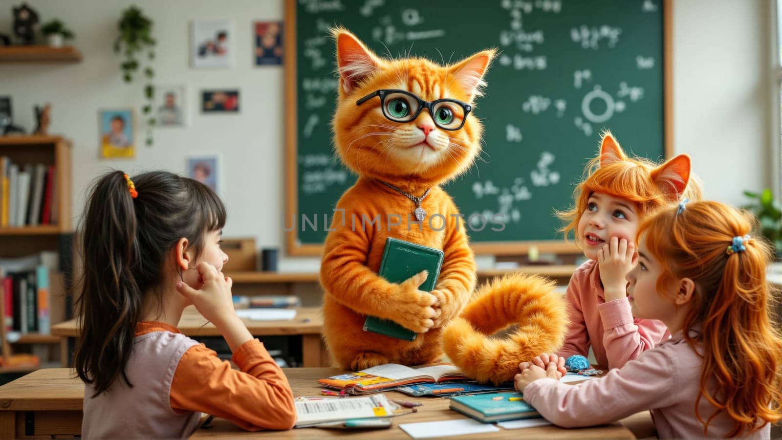A cat in a classroom with a book in its mouth. The cat is wearing glasses and is standing in front of a chalkboard. There are three children in the room, one of whom is sitting at a desk with a book