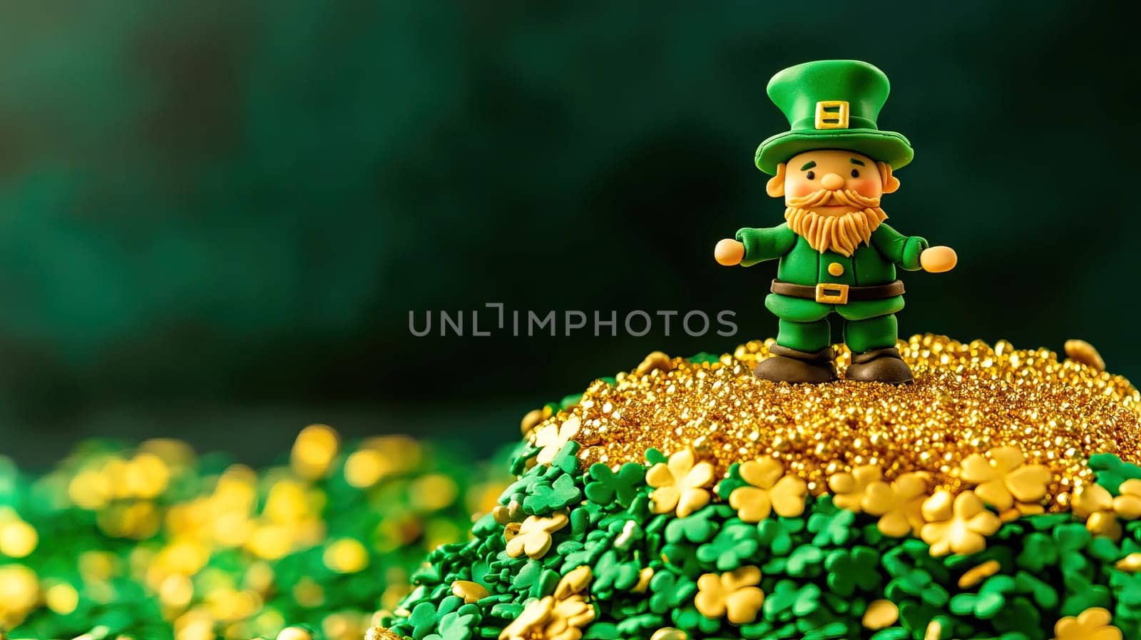 A beautifully vibrant cake for St. Patricks Day showcasing a cheerful leprechaun with sparkling decorations