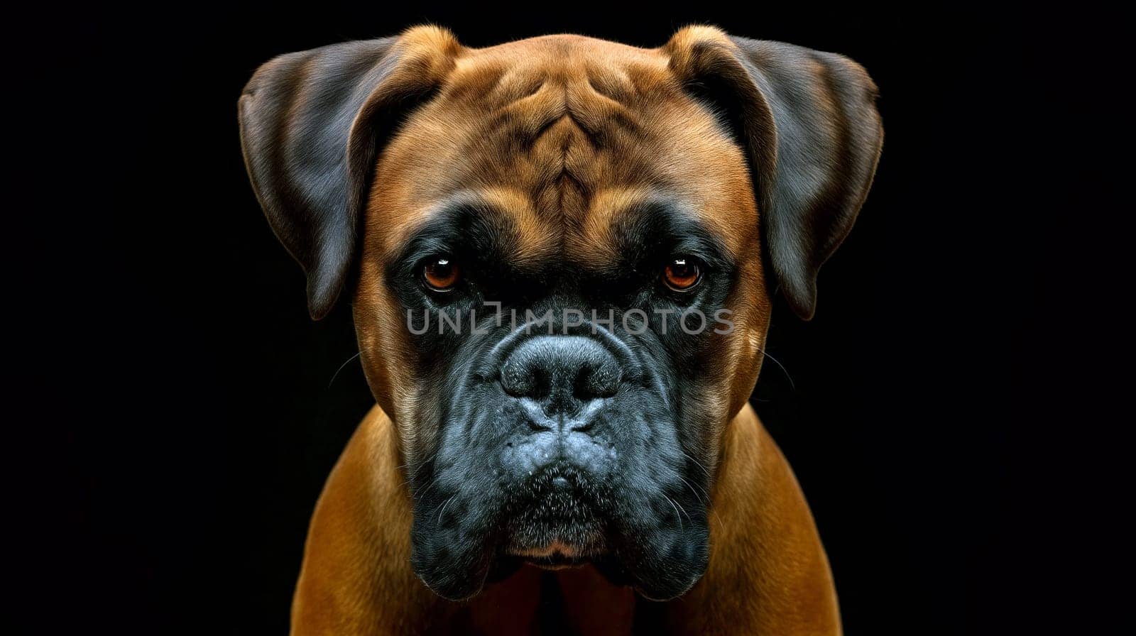 A boxer breed dog gazes intensely with a serious expression, its fur illuminated softly against a dark background during nighttime - Generative AI