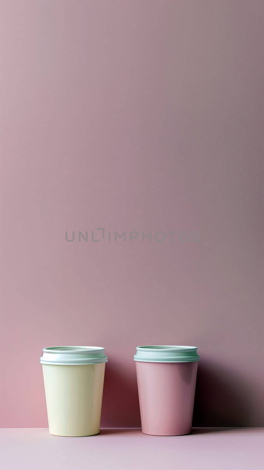 Two disposable coffee cups sit next to each other, one yellow and one pink, showcasing a minimal design against a soft pink background - Generative AI