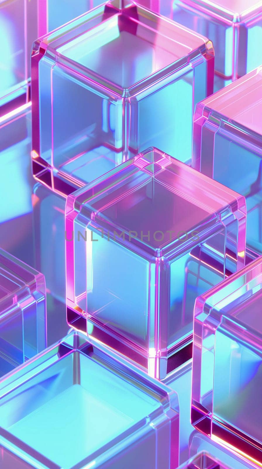 Translucent geometric cubes in vibrant shades of blue and pink arranged closely together, reflecting light and creating a visually striking pattern that emphasizes the modern design - Generative AI