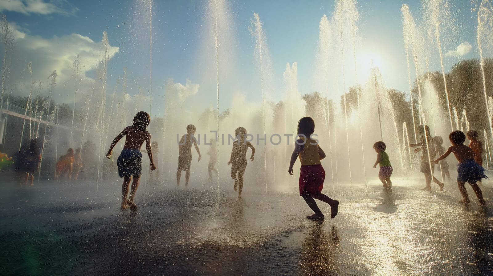 Kids are running through a fountain, splashing water everywhere under the warm sunlight, creating a fun and playful atmosphere in a park - Generative AI