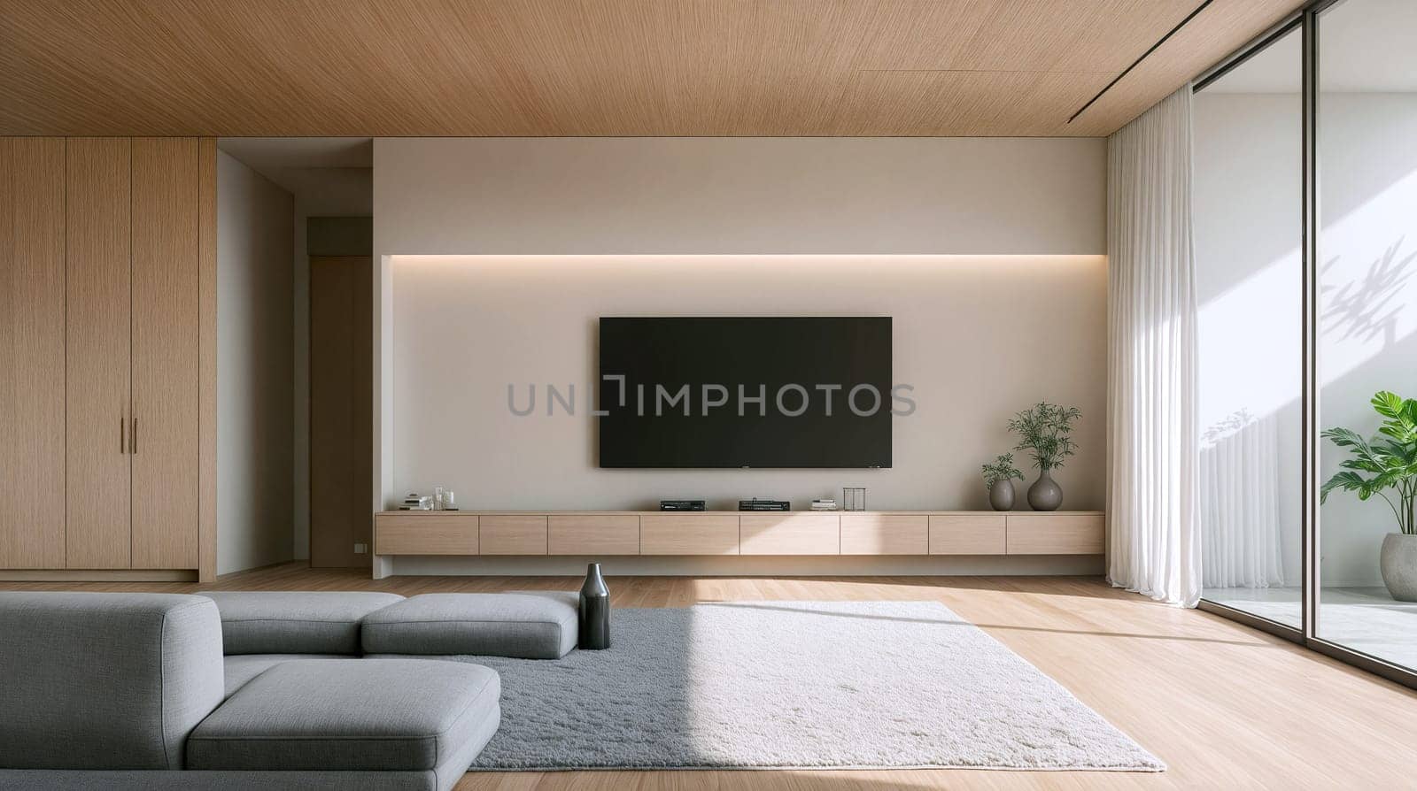 Bright and airy living room features a sleek TV unit, soft furnishings, and large windows allowing sunlight to flood in, creating a serene atmosphere - Generative AI