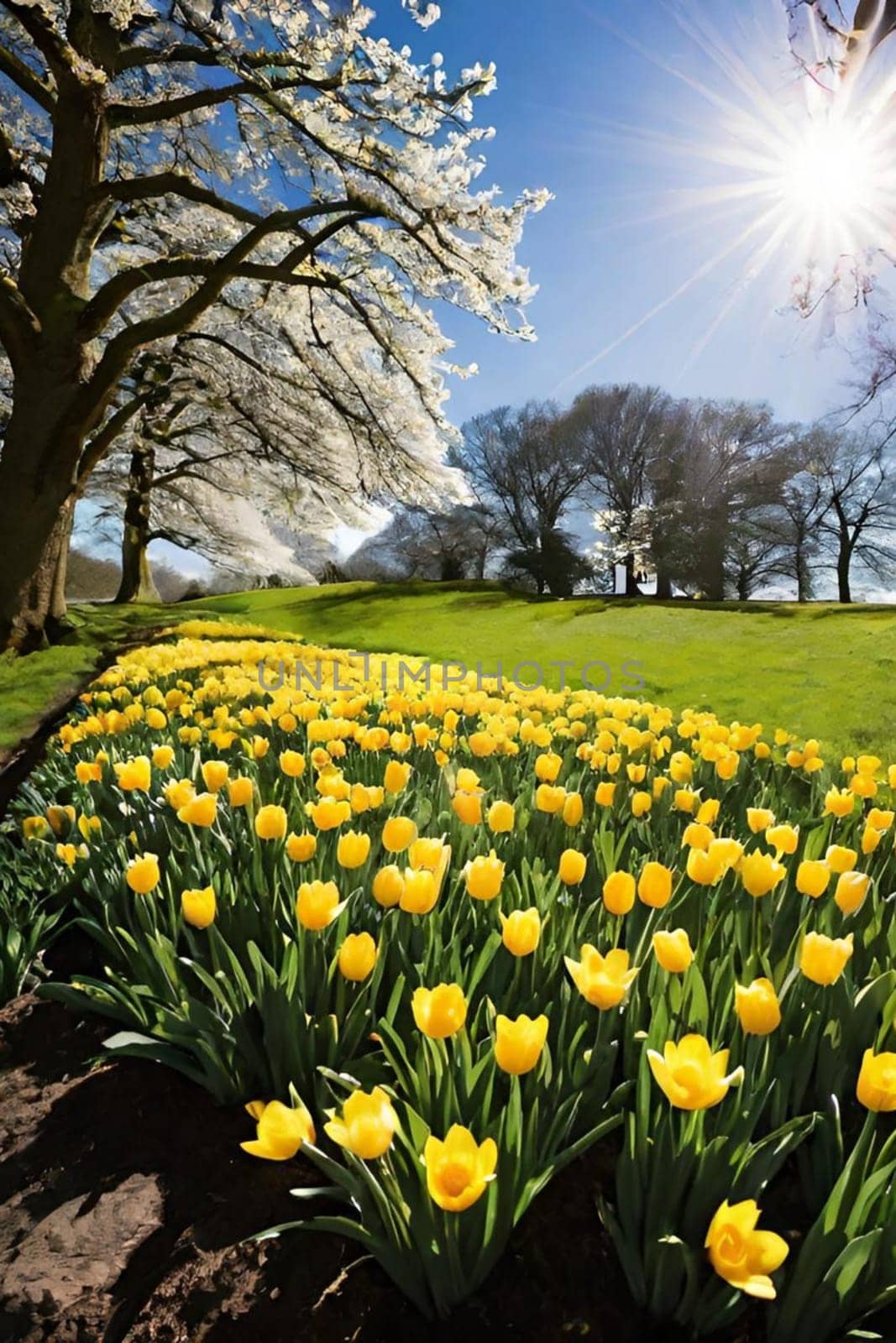 spring yellow flowers trees blue sky nature green grass bright colors flora alt illustration card season march. High quality 3d illustration generated ai alt