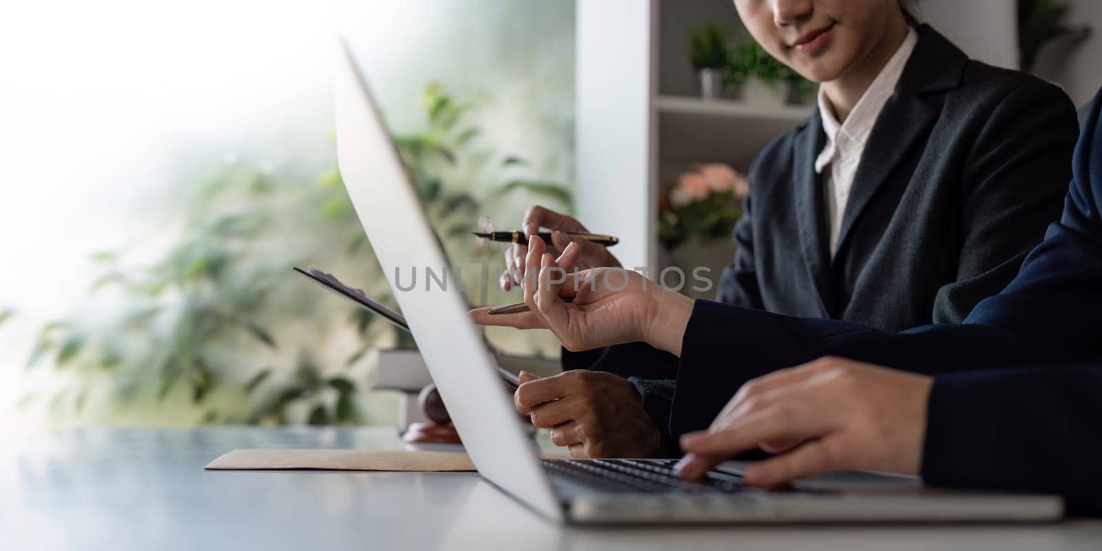 A lawyer and client actively discussing legal strategies and reviewing documents together on a laptop in a bright office environment.