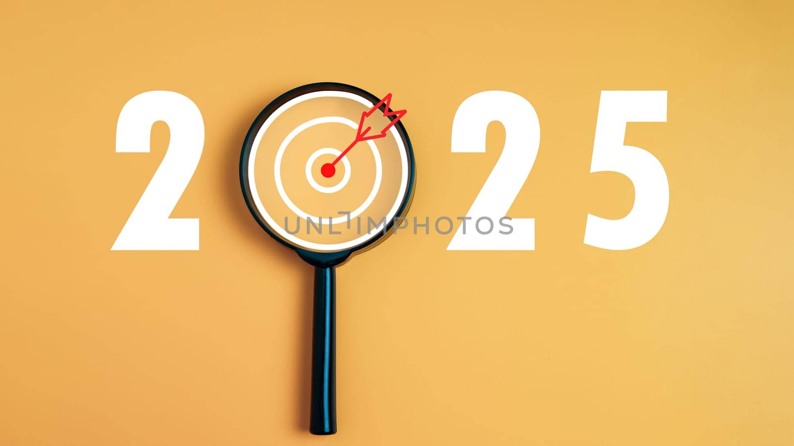 Dartboard icon in a magnifying glass centered on the number 2025 on a yellow background. Represents the goal setting for 2025, concept of a start. financial planning, strategy business, goal setting.