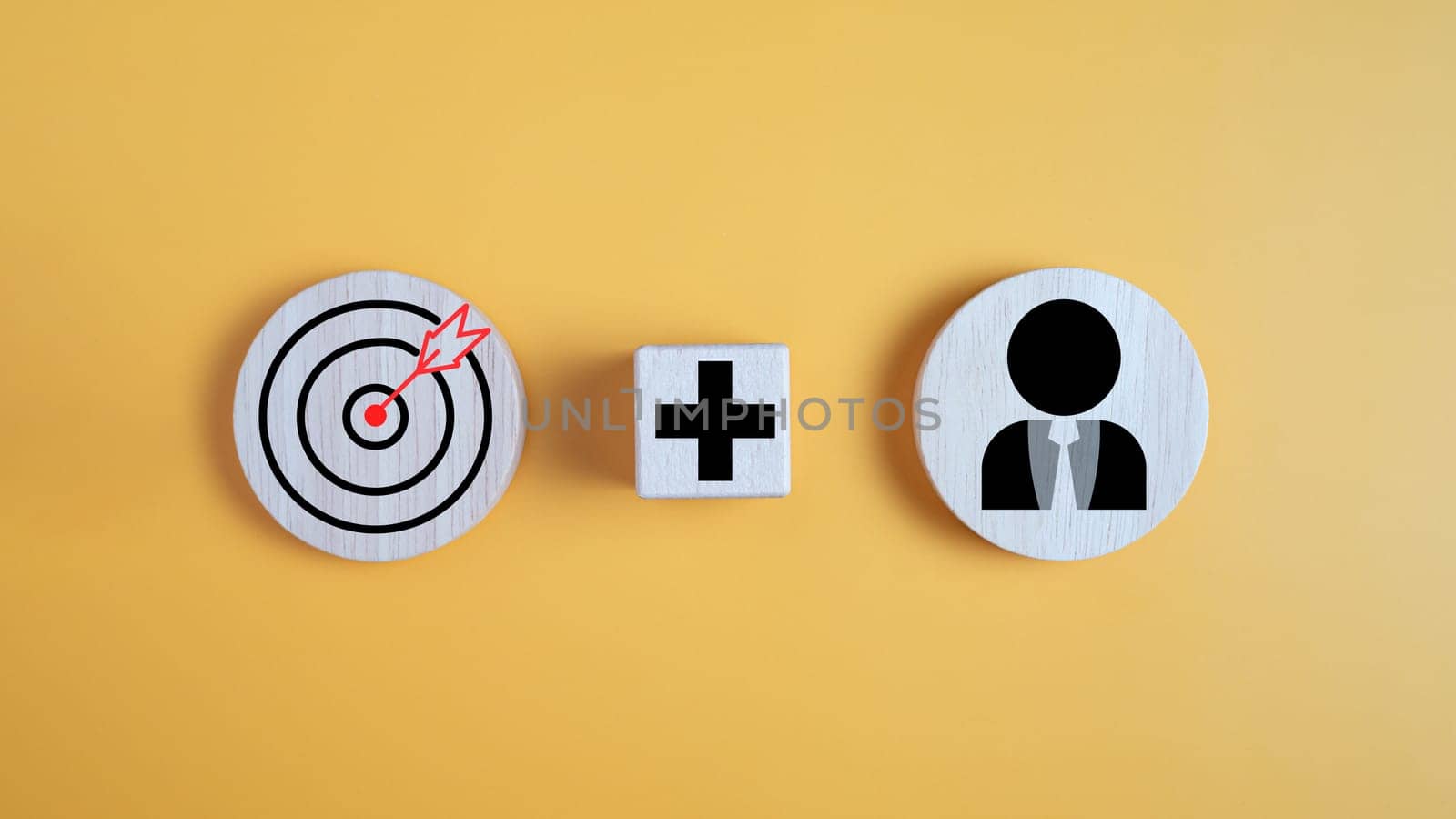 Wood cube block connection with manager icon.Concept of business strategy and goal action plan. Yellow background. by Unimages2527