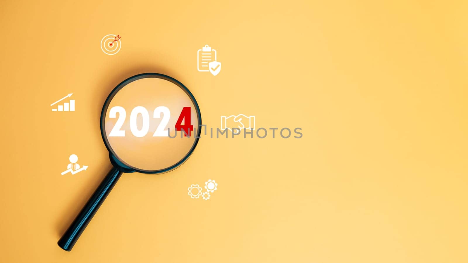 Magnifying glass focused on letter 2024 on yellow background. Represents setting goals for 2024, Startup concept. Financial planning, development, Business strategy, Setting business goals. by Unimages2527