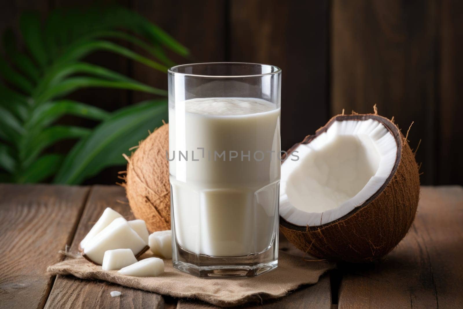 Glass glass with coconut milk and coconut halves on a wooden tabletop. Generated by artificial intelligence