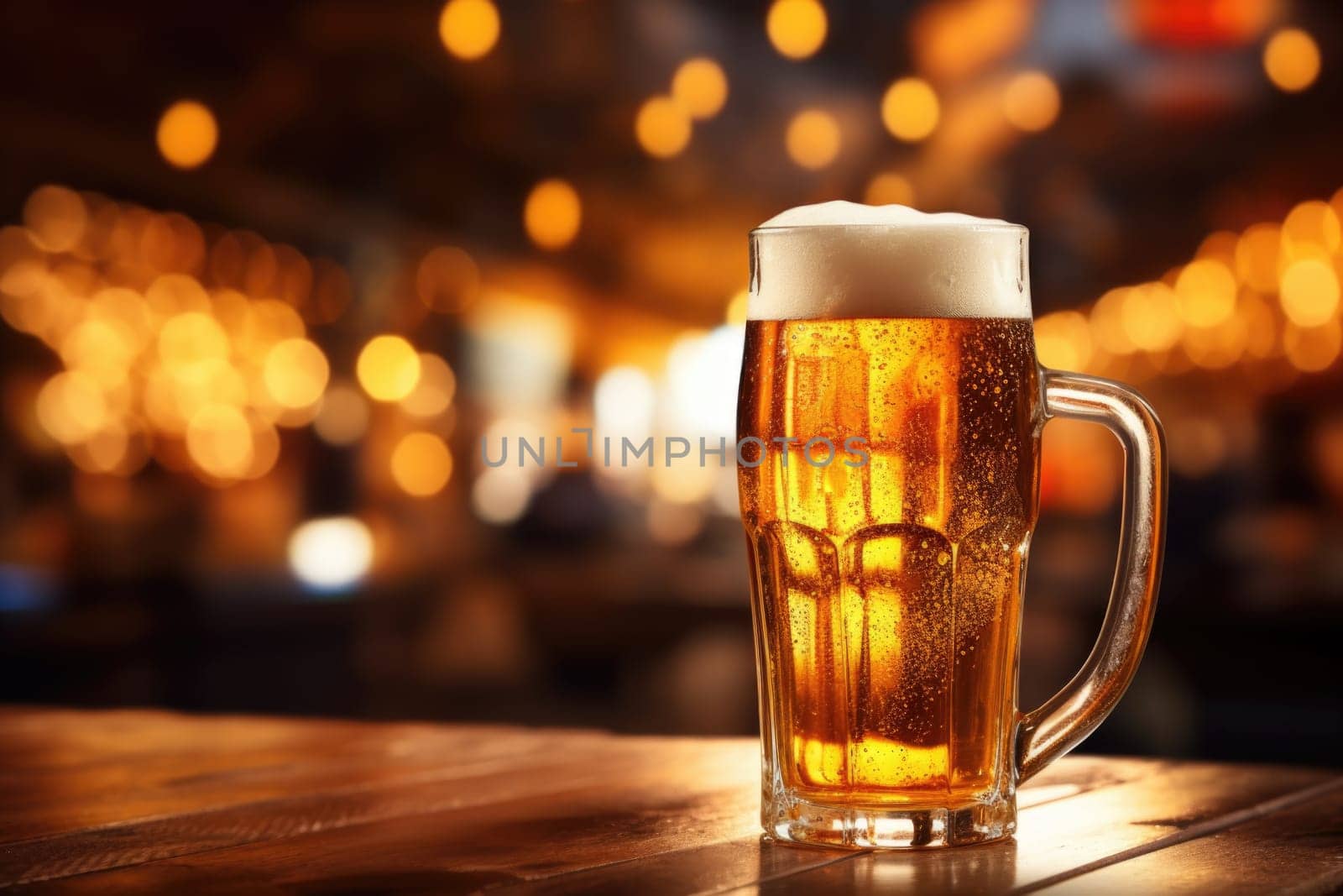 A glass of beer with a handle on a wooden tabletop on a blurred background. Generated by artificial intelligence