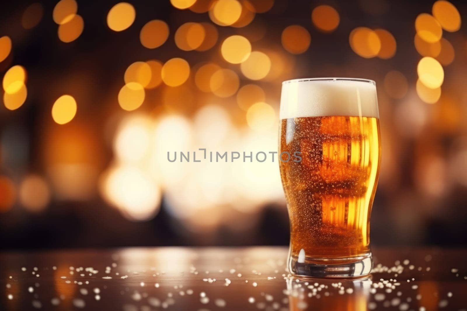 A glass of beer with a foam on a wooden tabletop on a blurred background. Generated by artificial intelligence