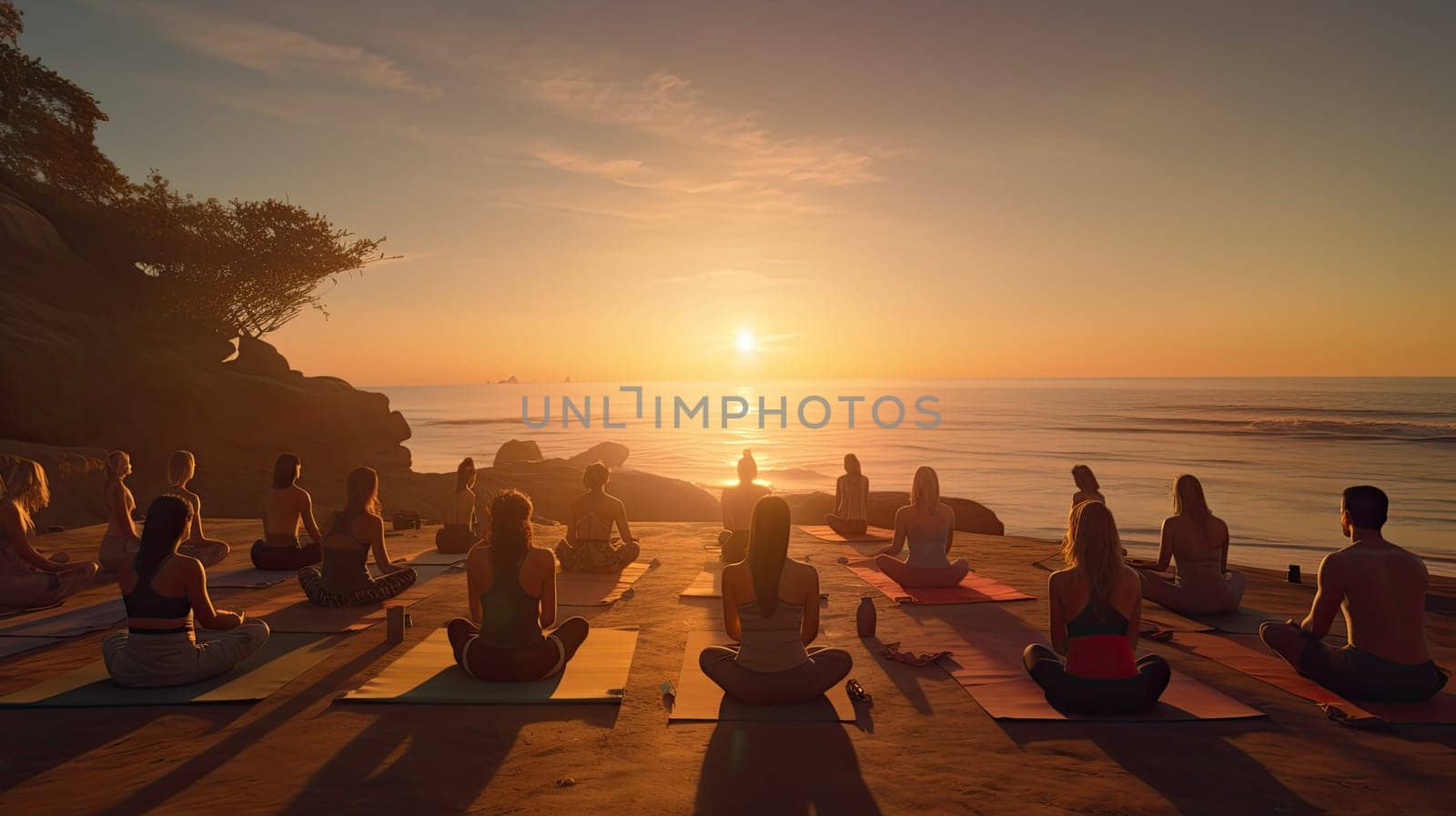 A beachfront yoga session at dawn ultra realistic illustration - Generative AI. Beach, yoga, people, sunset.
