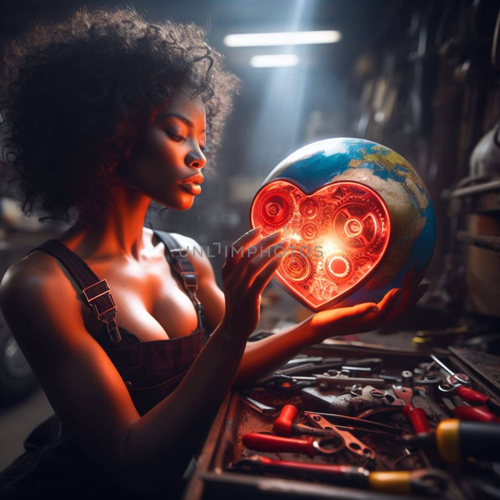 young woman artisan alchemist repair geared glow steampunk heart in dark workshop - love concept by verbano