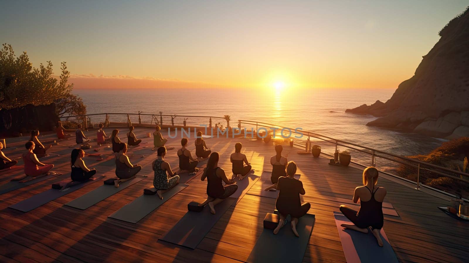 A beachfront yoga session at dawn ultra realistic illustration - Generative AI. by simakovavector