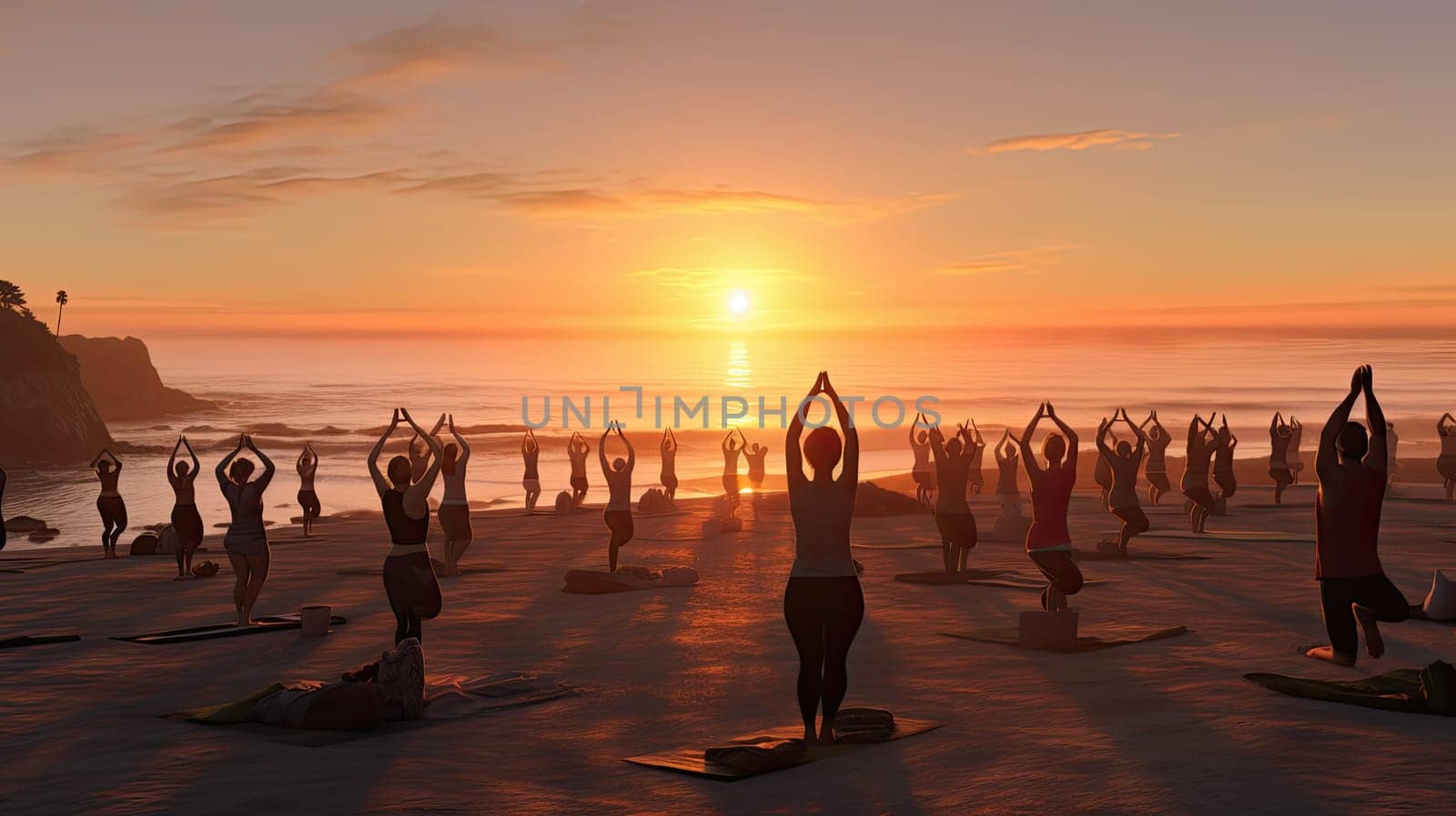 A beachfront yoga session at dawn ultra realistic illustration - Generative AI. by simakovavector