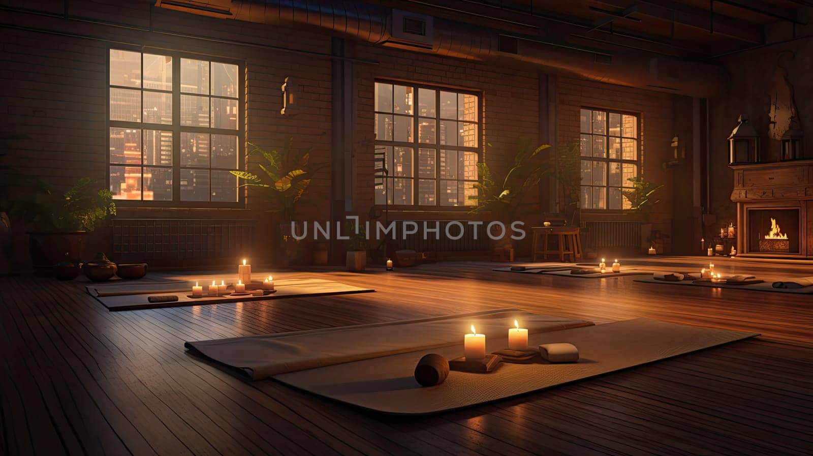 A candlelit yoga studio ultra realistic illustration - Generative AI. Yoga, studio, candles, mat.