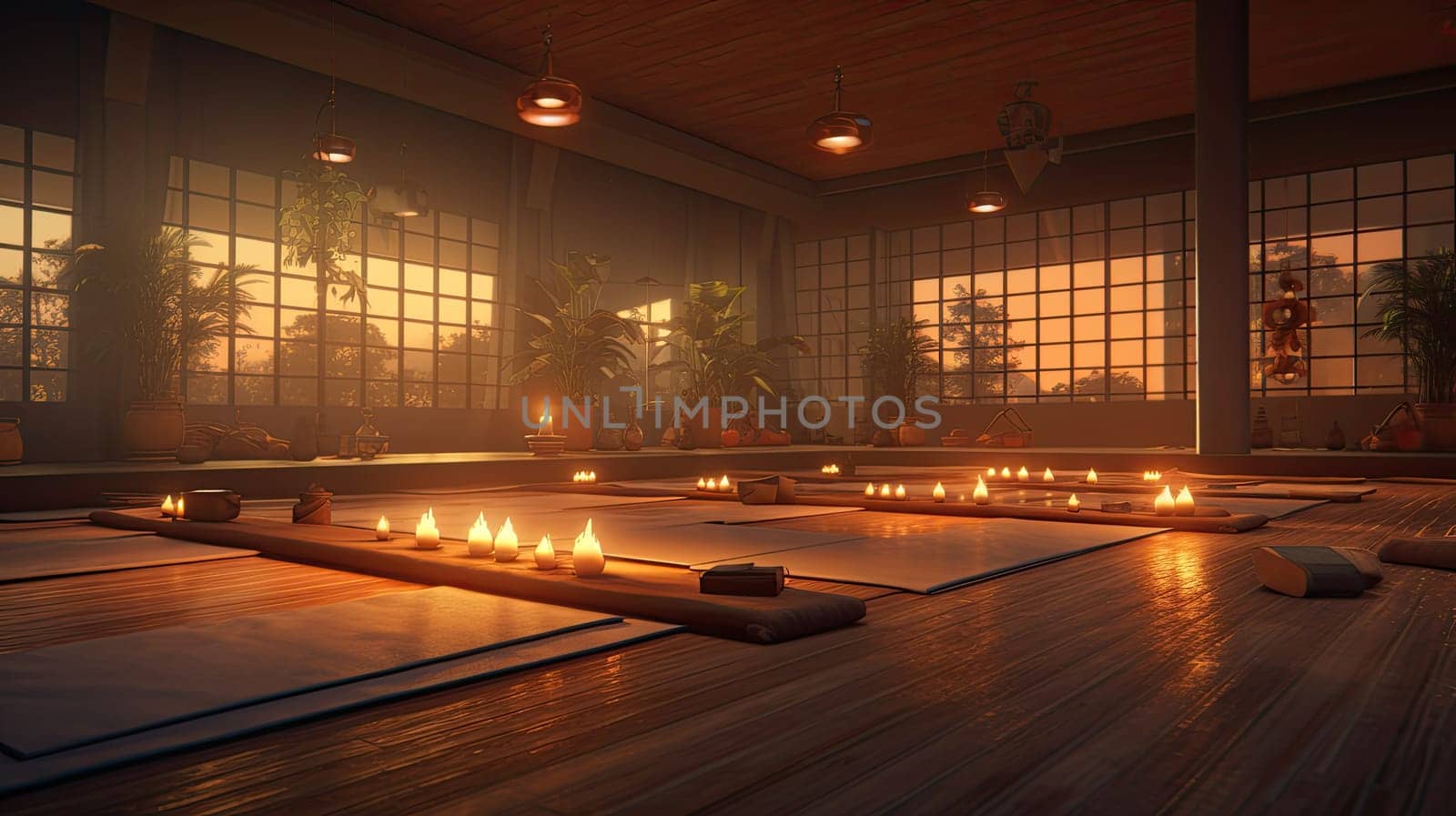 A candlelit yoga studio ultra realistic illustration - Generative AI. Yoga, studio, candles, mat.