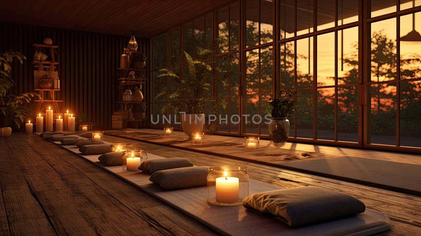 A candlelit yoga studio ultra realistic illustration - Generative AI. Yoga, studio, candles, mat.