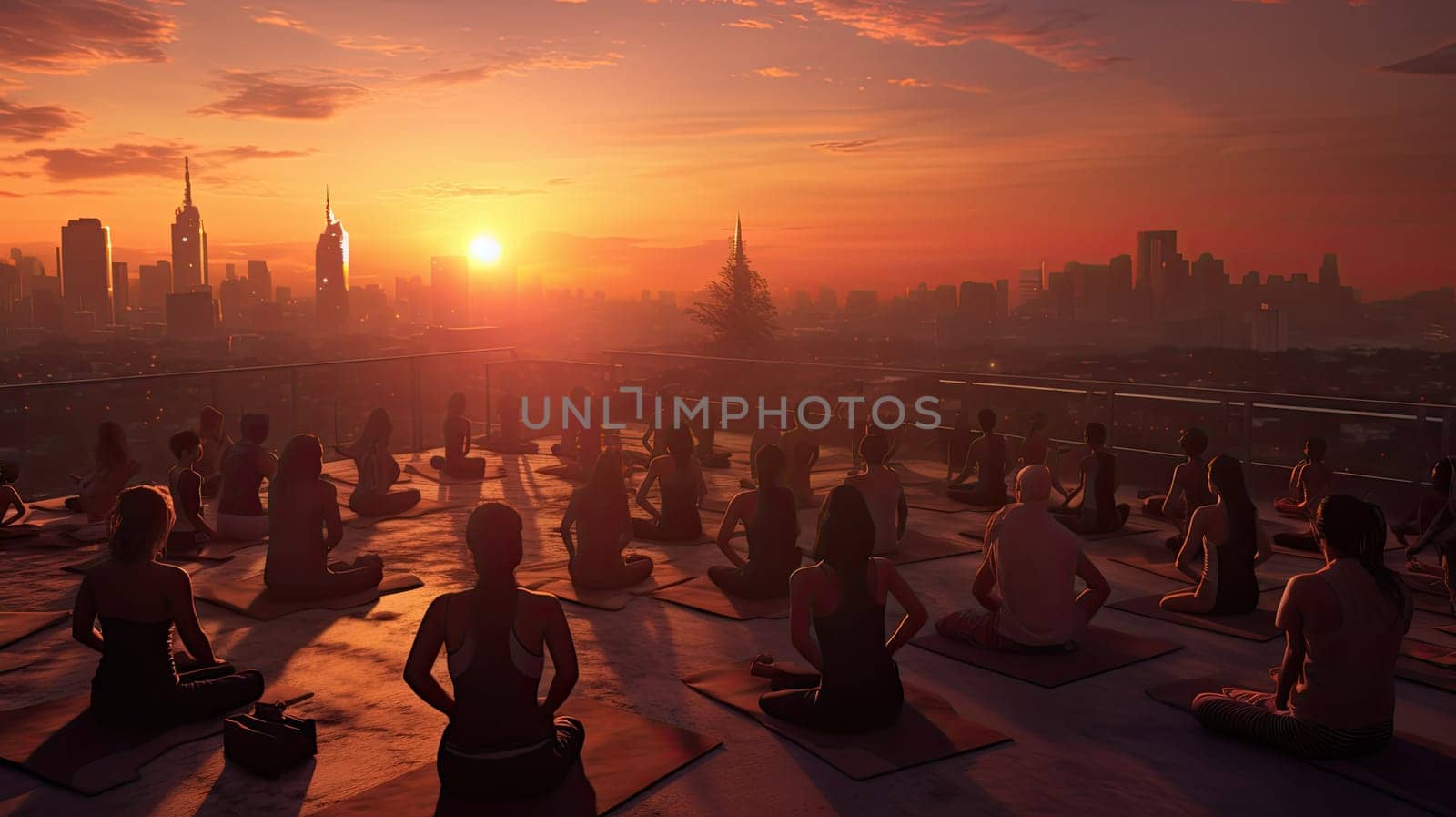 A group of yogis on a rooftop ultra realistic illustration - Generative AI. by simakovavector