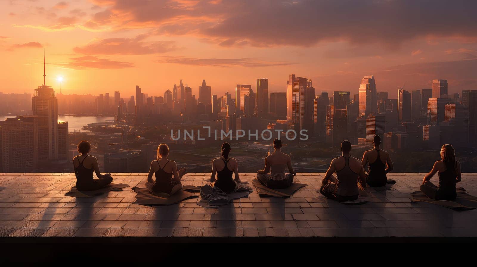 A group of yogis on a rooftop ultra realistic illustration - Generative AI. Rooftop, yoga, people, sunset, cityscape.