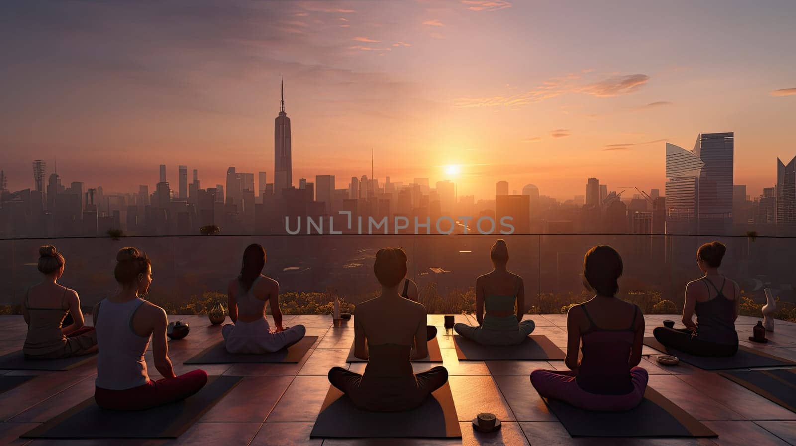 A group of yogis on a rooftop ultra realistic illustration - Generative AI. Rooftop, yoga, people, sunset, cityscape.