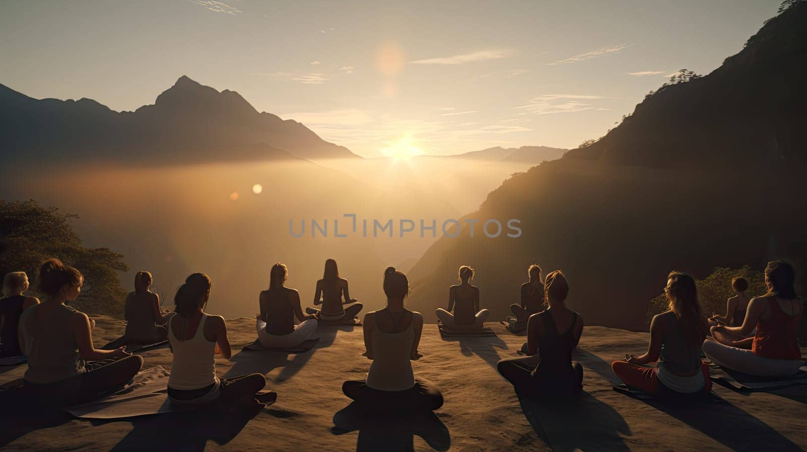 A mountaintop yoga practice ultra realistic illustration - Generative AI. Mountain, yoga, sunrise, people.