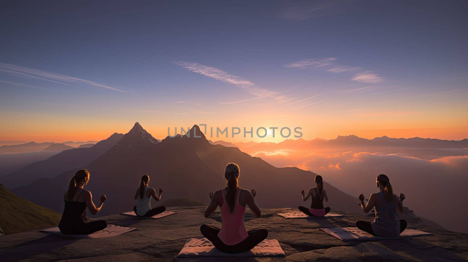 A mountaintop yoga practice ultra realistic illustration - Generative AI. Mountain, yoga, sunrise, people.