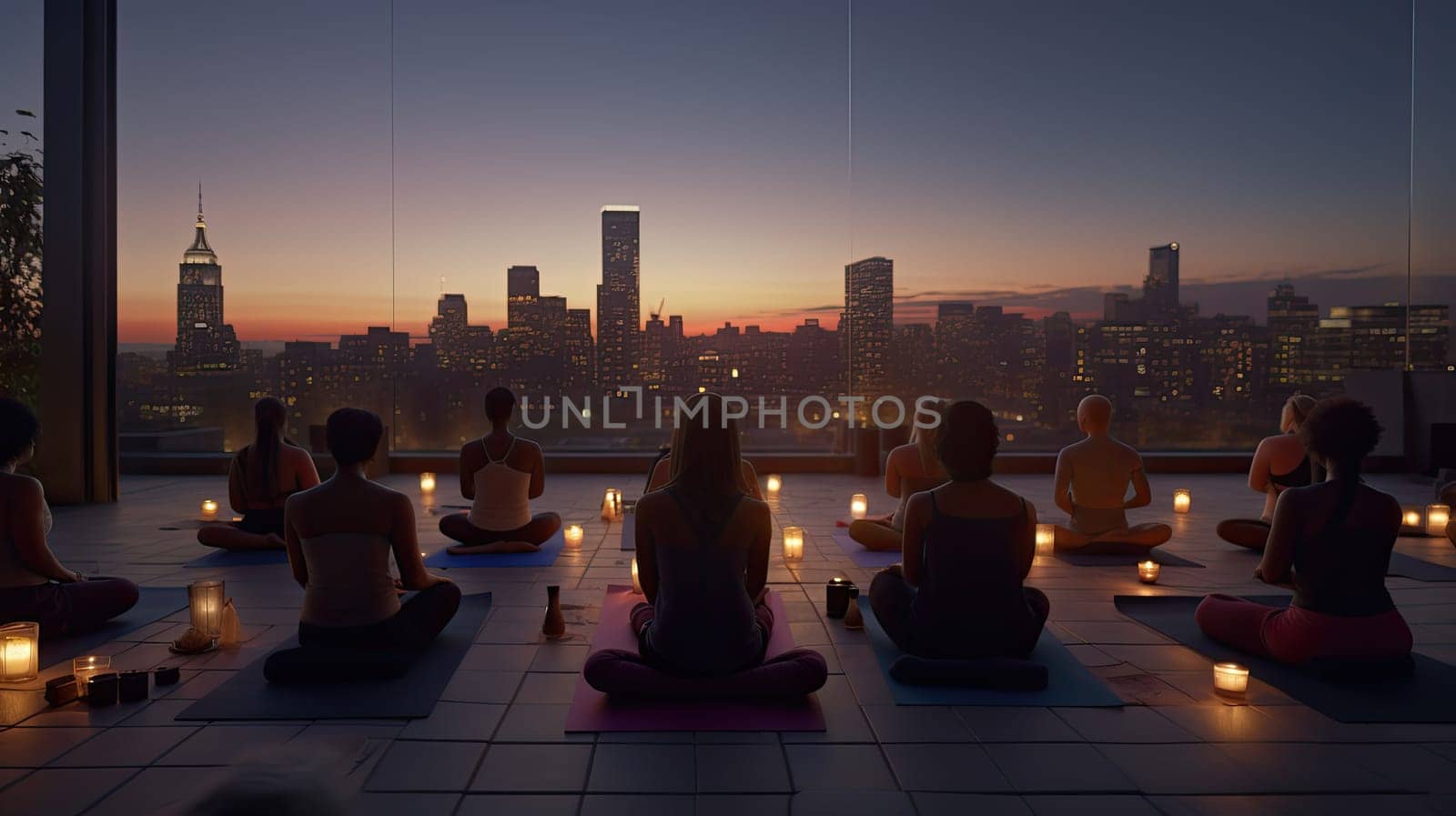 A rooftop yoga class at dusk ultra realistic illustration - Generative AI. by simakovavector