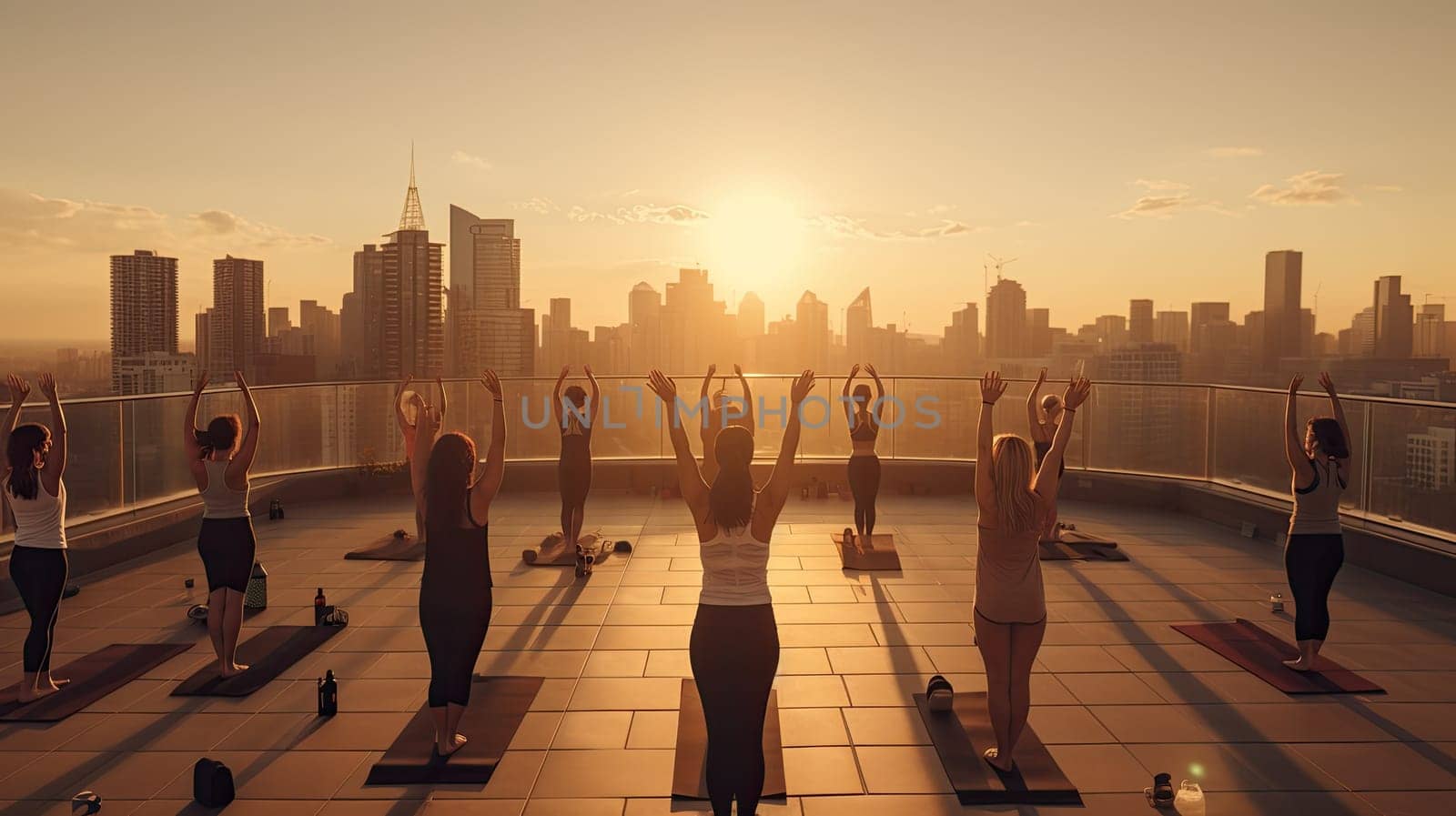 A rooftop yoga class in the heart of the city ultra realistic illustration - Generative AI. Yoga, class, cityscape, skyscraper.