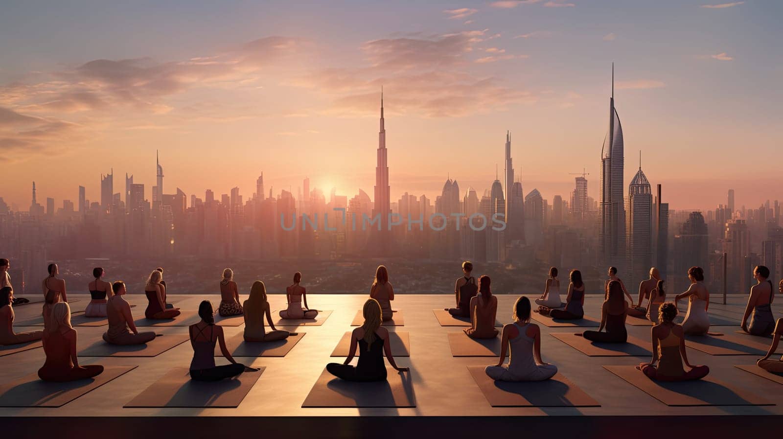 A rooftop yoga class in the heart of the city ultra realistic illustration - Generative AI. by simakovavector