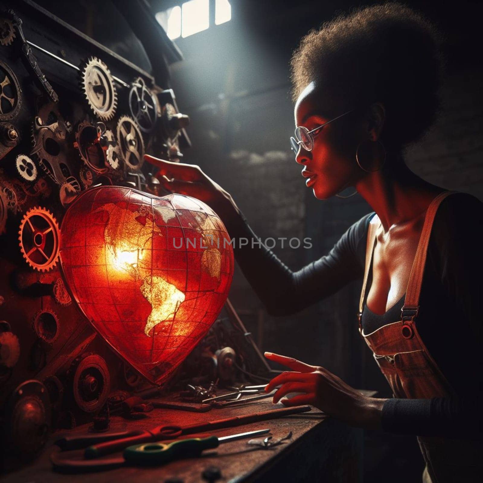 young woman artisan alchemist repair geared glow steampunk heart in dark workshop - love concept by verbano