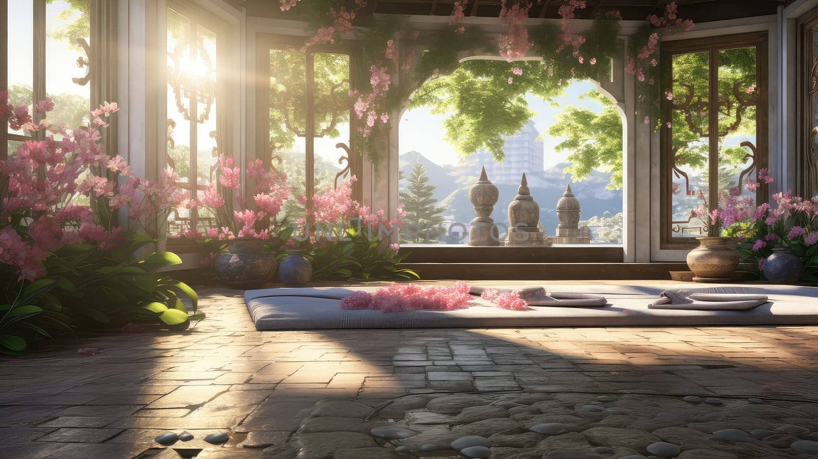 A serene garden setting for yoga practice ultra realistic illustration - Generative AI. Garden, flowers, pagoda, trees.