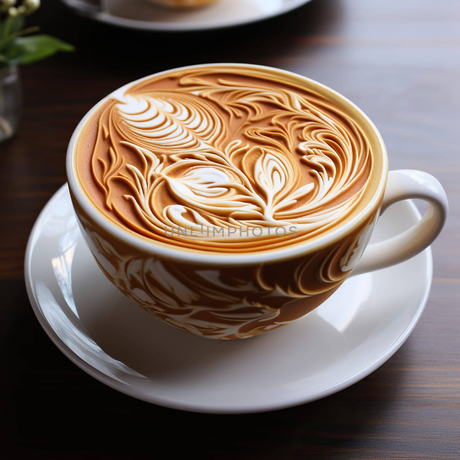 Beautiful latte art in a wide cup of coffee. by Vovmar