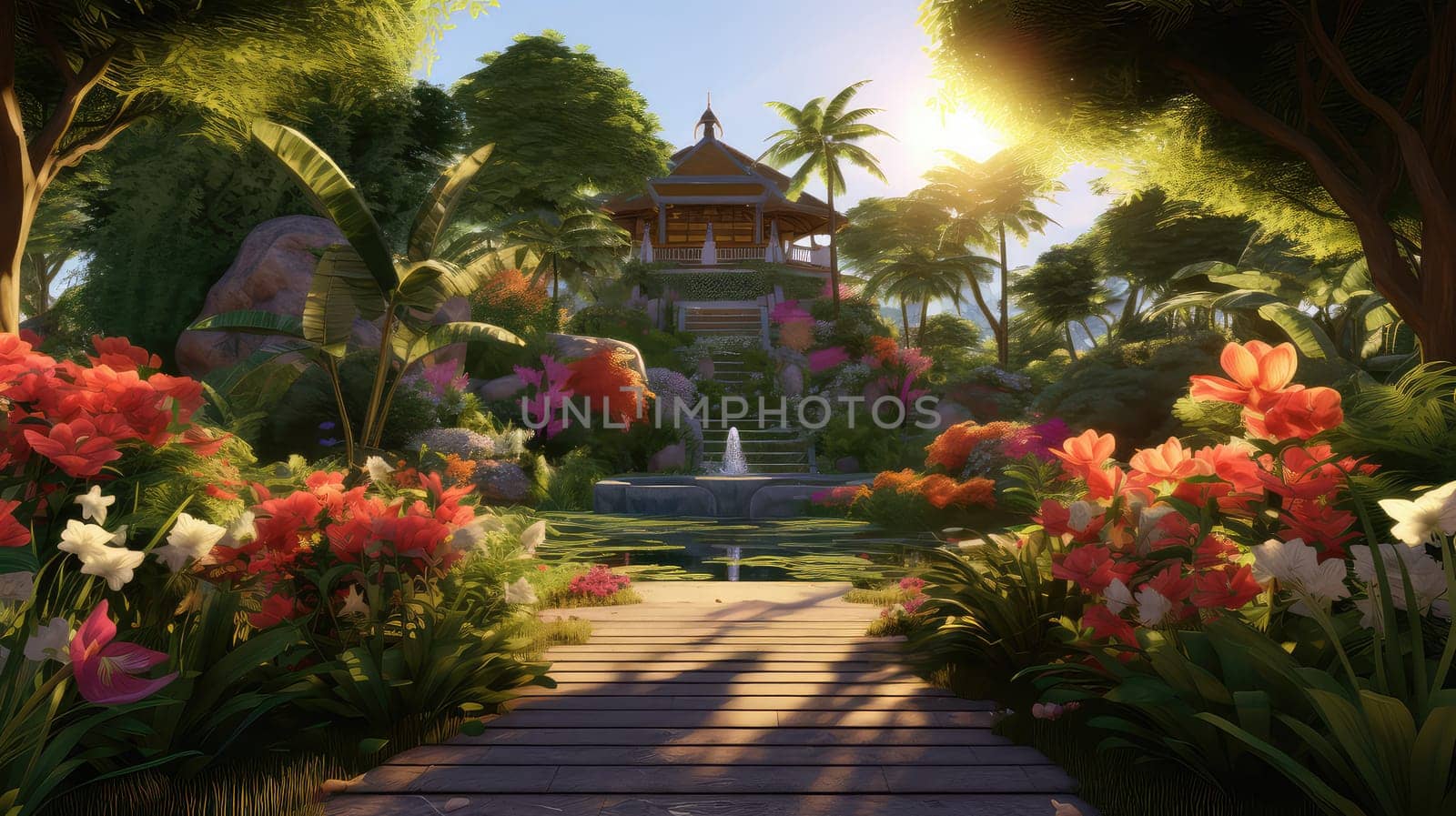 A serene garden setting for yoga practice ultra realistic illustration - Generative AI. Garden, flowers, pagoda, trees.