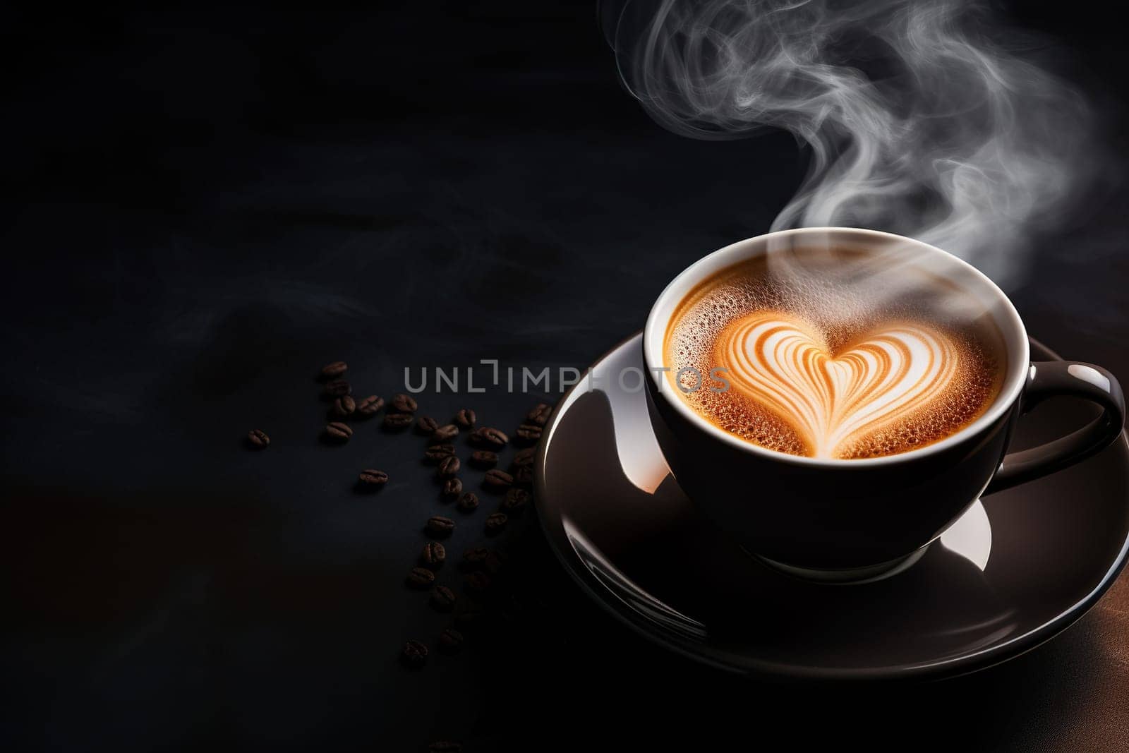 Coffee cup with latte art and steam over a cup on a wooden tabletop. Generated by artificial intelligence