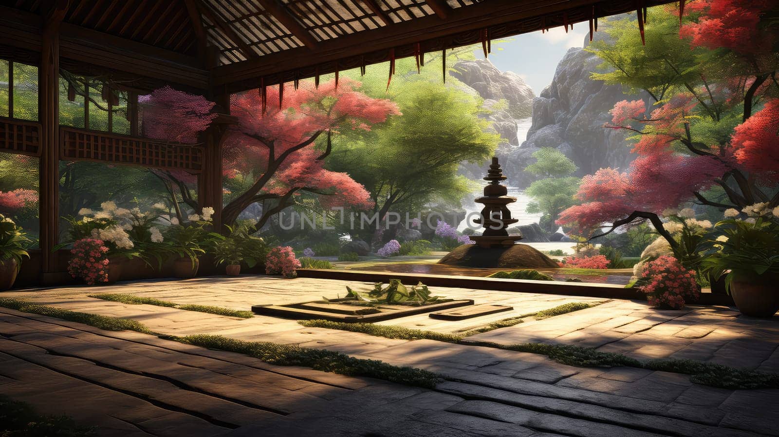 A serene garden setting for yoga practice ultra realistic illustration - Generative AI. Garden, flowers, pagoda, trees.