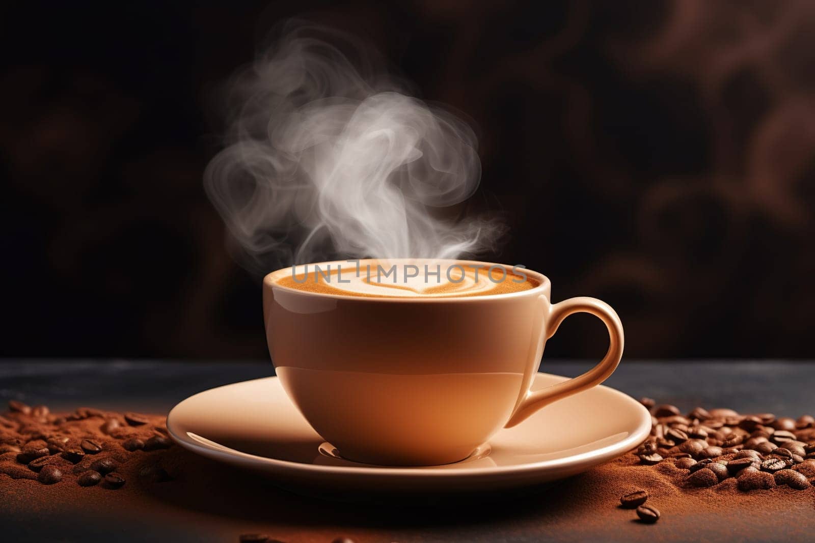 Coffee cup with latte art and steam over a cup on a wooden tabletop. by Vovmar