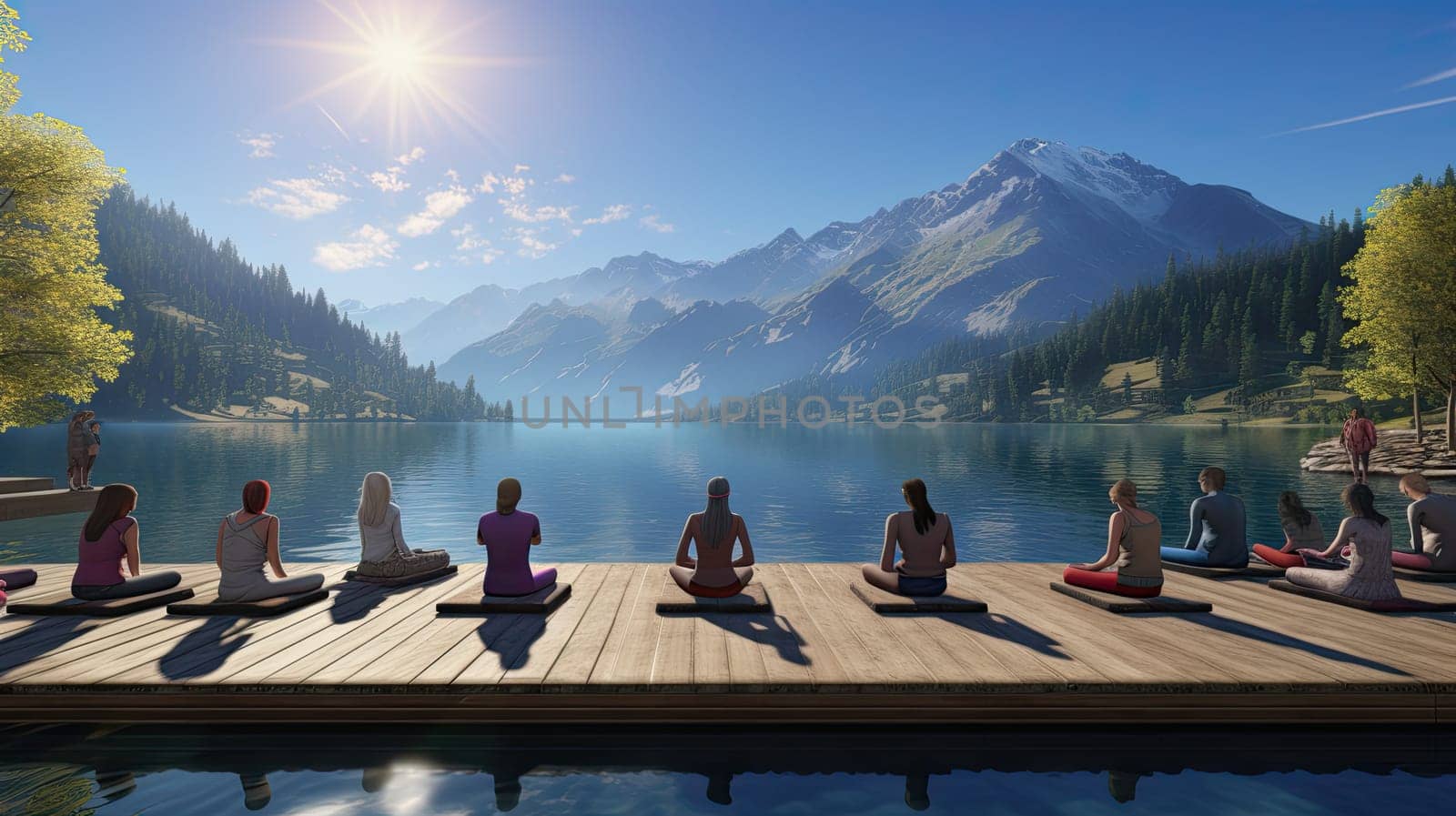 A serene lakeside yoga session ultra realistic illustration - Generative AI. Yoga, class, mountain, lake.