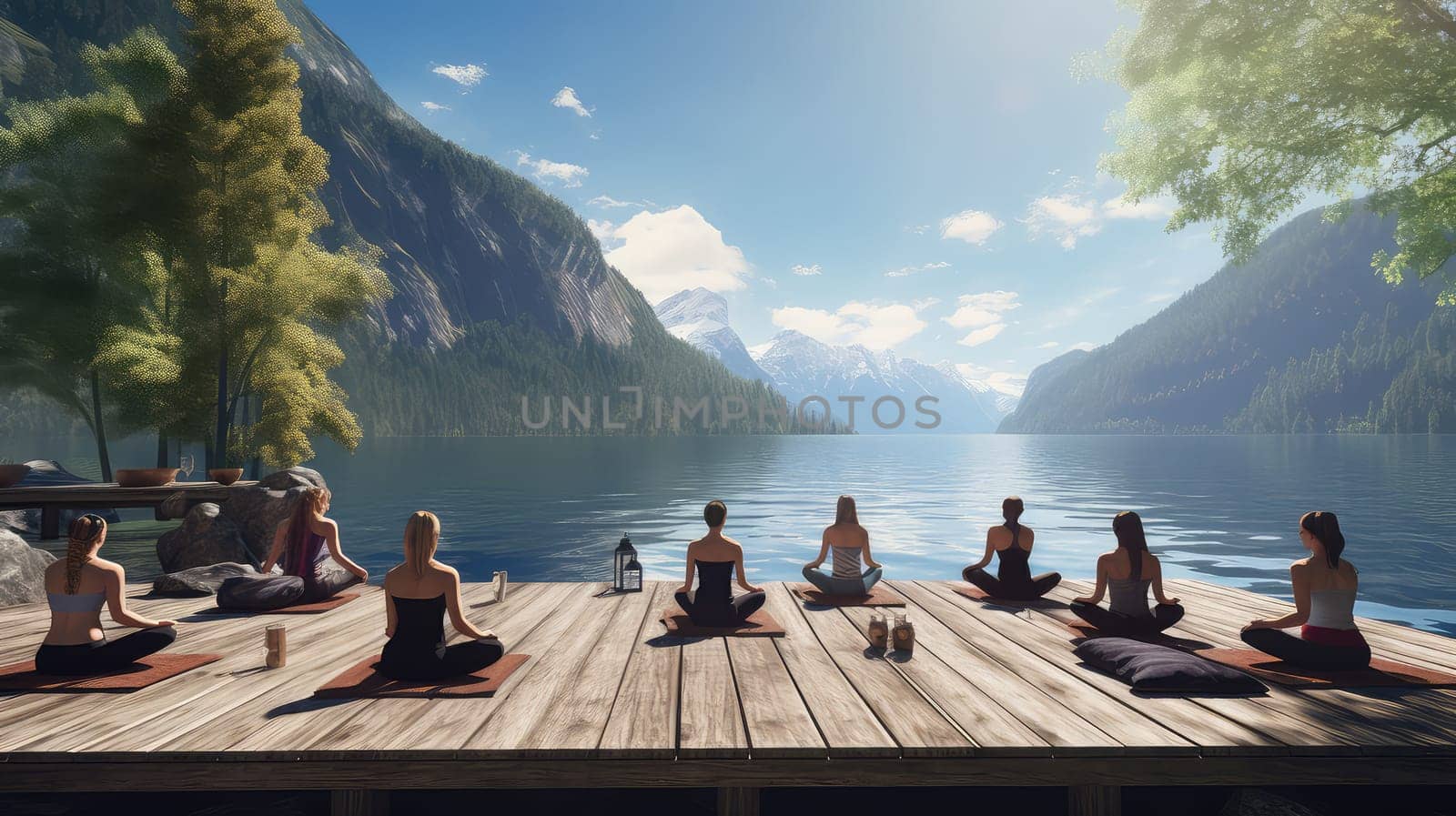 A serene lakeside yoga session ultra realistic illustration - Generative AI. by simakovavector